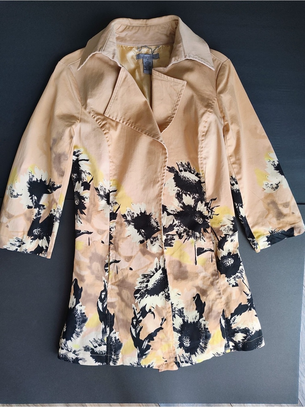 Womens Peach Floral Trench Coat with Black & Cream Print
